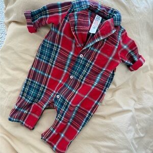 Boden Red Plaid Fleece One-Piece